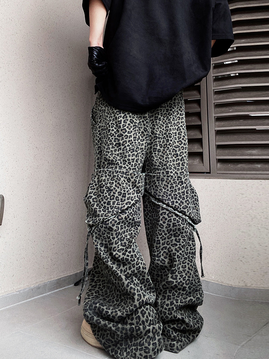 Loose Straight Slightly Flared Workwear Casual Wide-leg Mopping Leopard Jeans - Lootquake