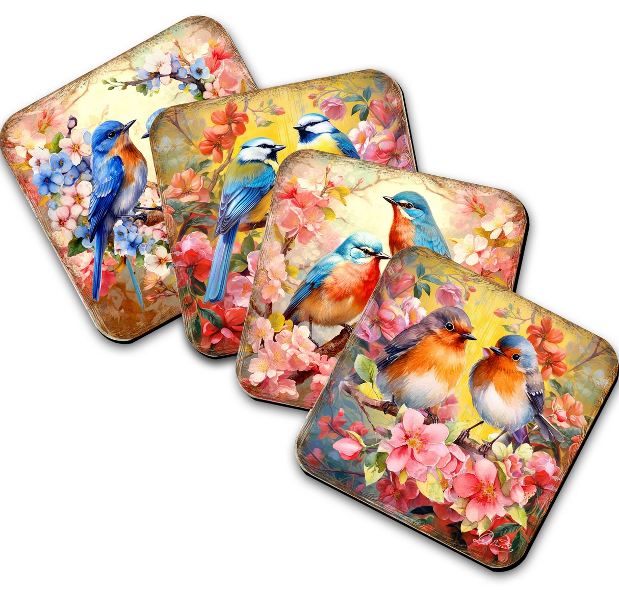 Spring Birds Wooden Cork Coasters Gift Set of 4 by G. Debrekht - Easter Spring Decor - 8199438C-S4