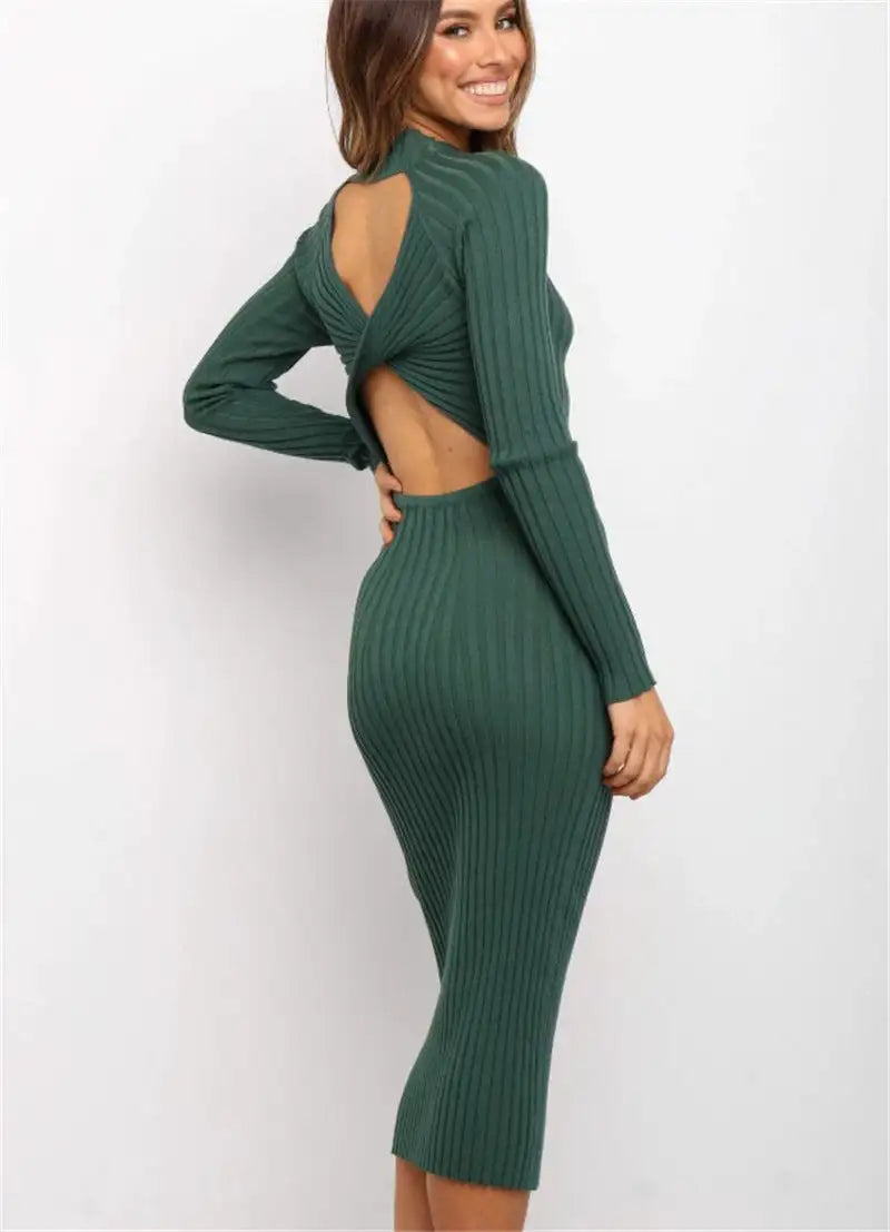 New Style Women's Suits Sweater Dresses Women's Solid Color Backless Bow Tight Dresses - Lootquake