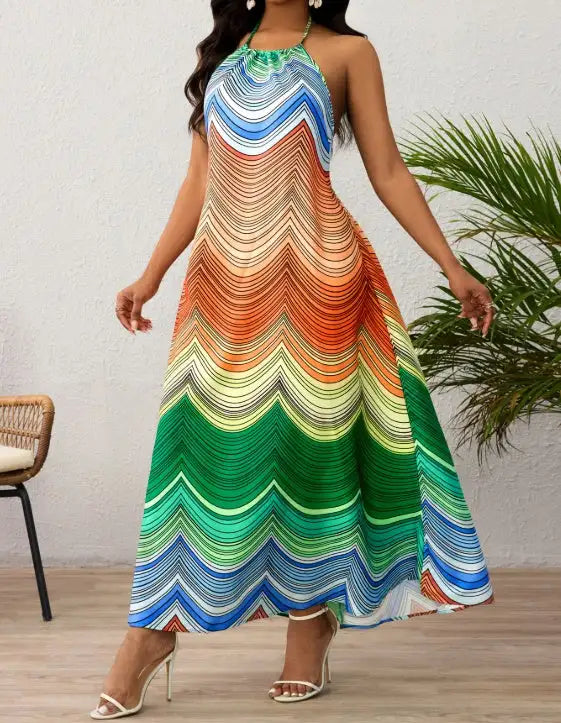 Ladies' Neck Hanging Peacock Element Printed Casual Dress - Lootquake