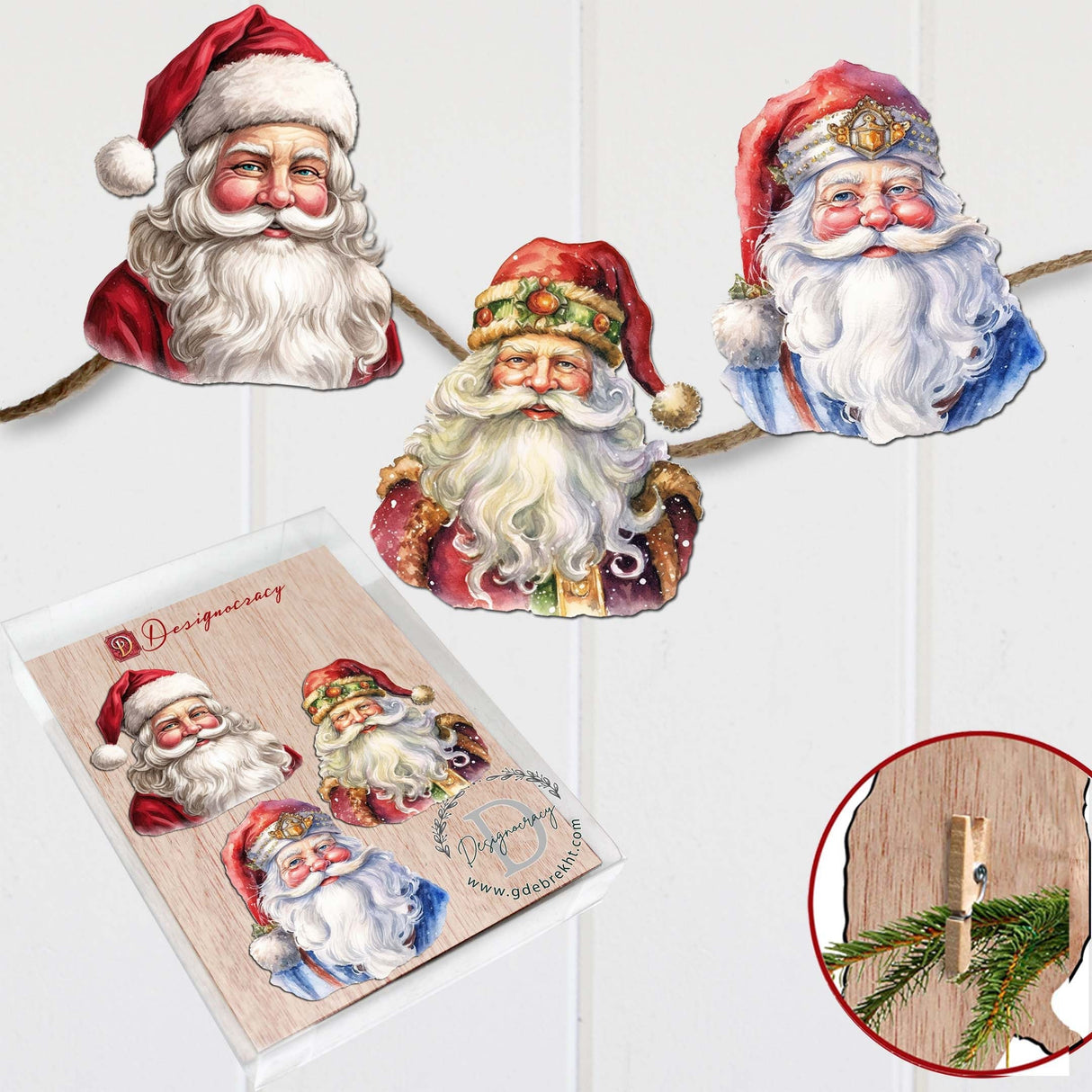 Jolly Santa Faces Decorative Wooden Clip-on Ornaments Set of 3 by G. Debrekht - Christmas Decor - 8091045C-S3