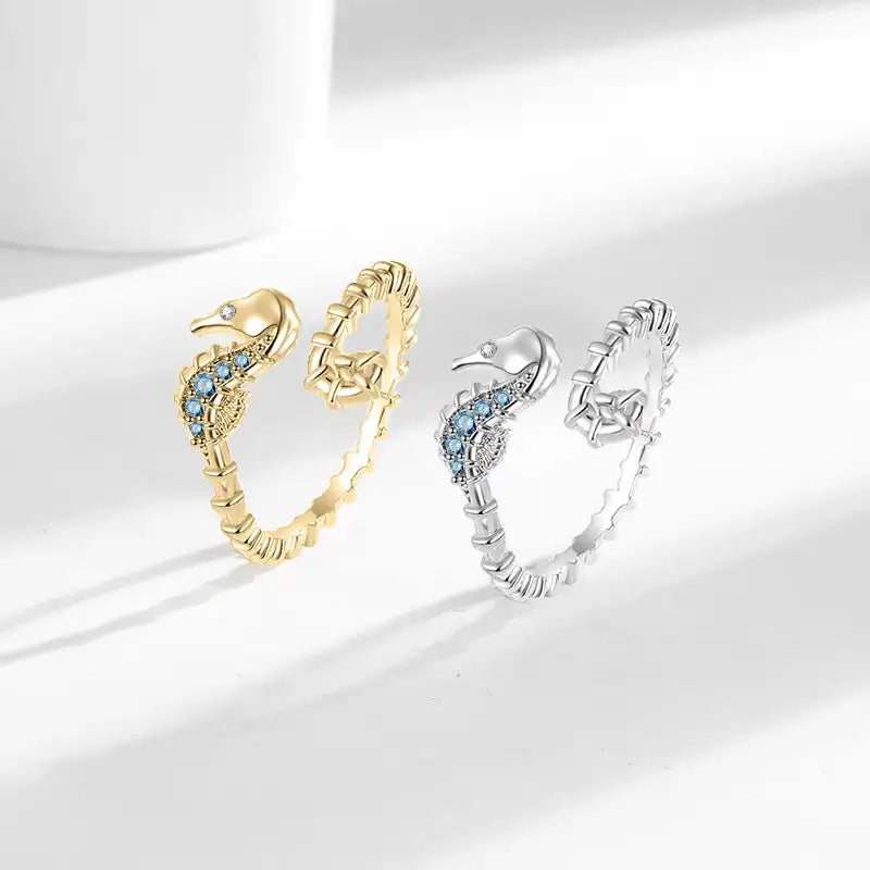 Ocean Seahorse Open Ring Female Inlaid With Green Zirconium - Lootquake