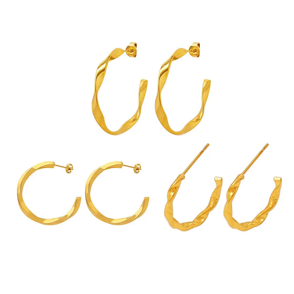Stainless Steel 18K Real Gold C- Shaped Round Ring Earrings - Lootquake
