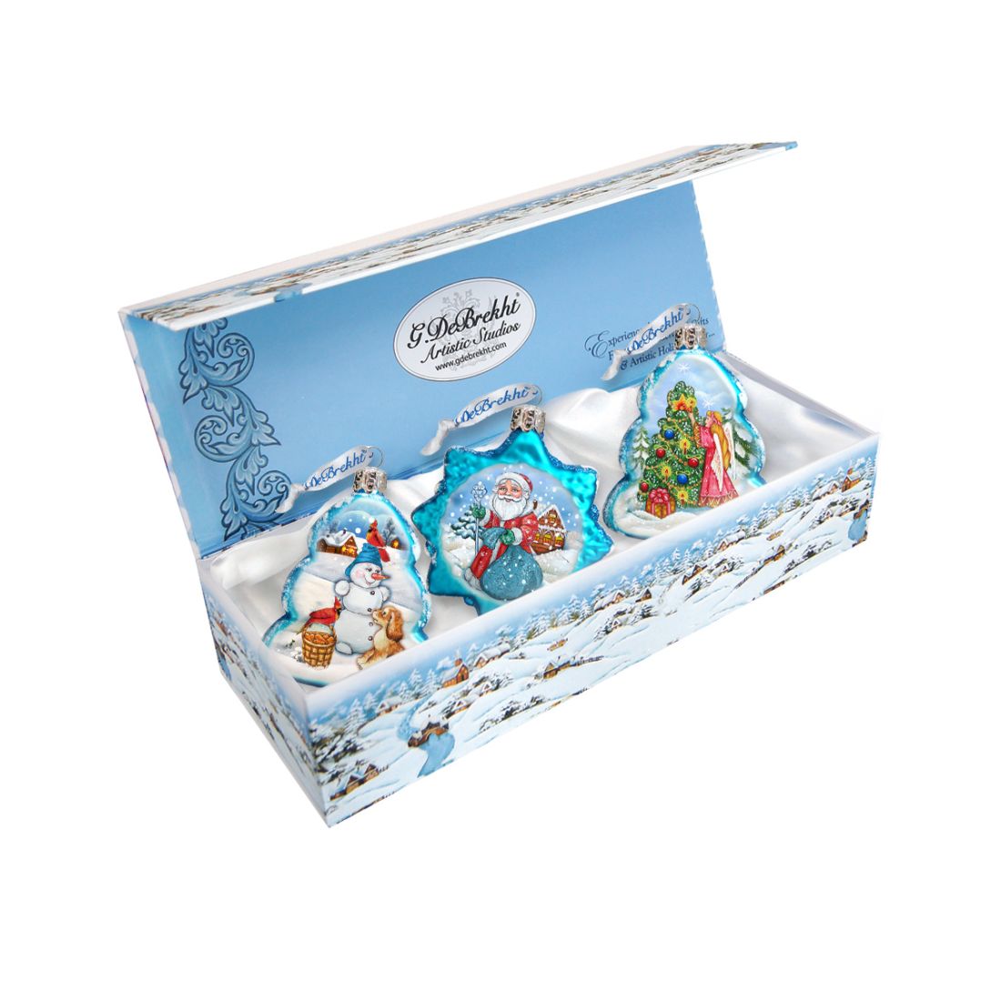 Juego de 3 adornos navideños de vidrio de mercurio de G. DeBrekht - Decoración navideña de Papá Noel y muñeco de nieve - 770127S3