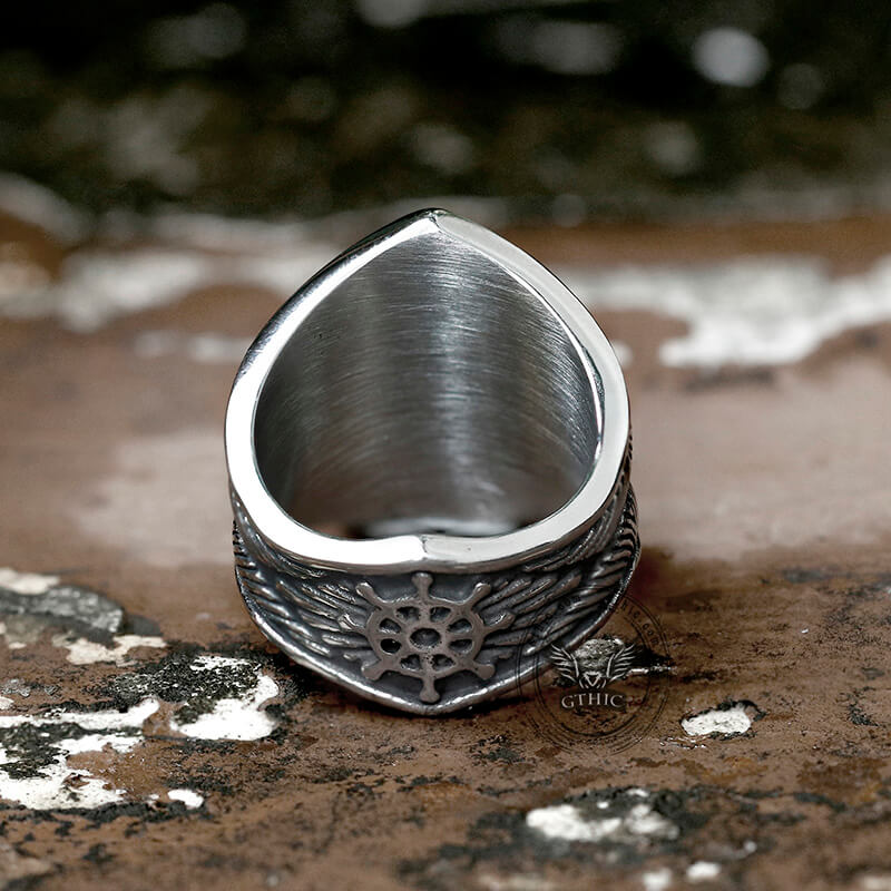 Anillo marino de acero inoxidable con águilas y ancla