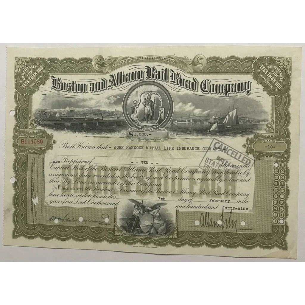 Rare Antique Vintage Boston Albany Railroad Stock Certificate