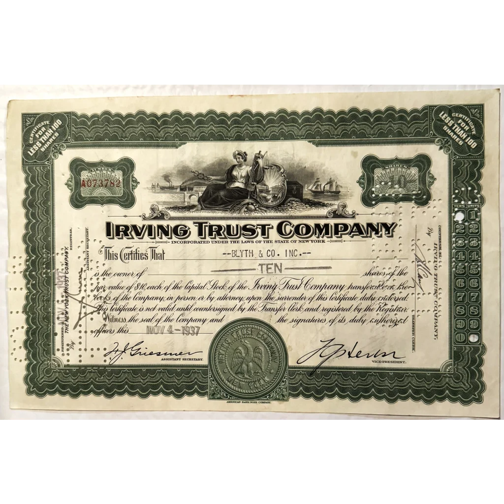 Rare Green 1930s Irving Trust Company Stock Certificate Unveiled