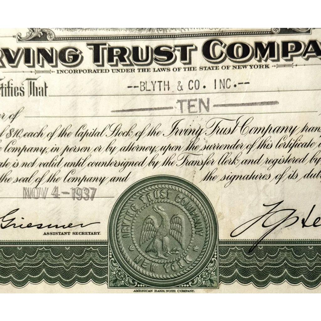 Rare Green 1930s Irving Trust Company Stock Certificate Unveiled
