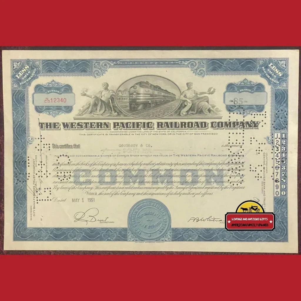 Rare Western Pacific Railroad Stock Certificate from the 1940s-50s