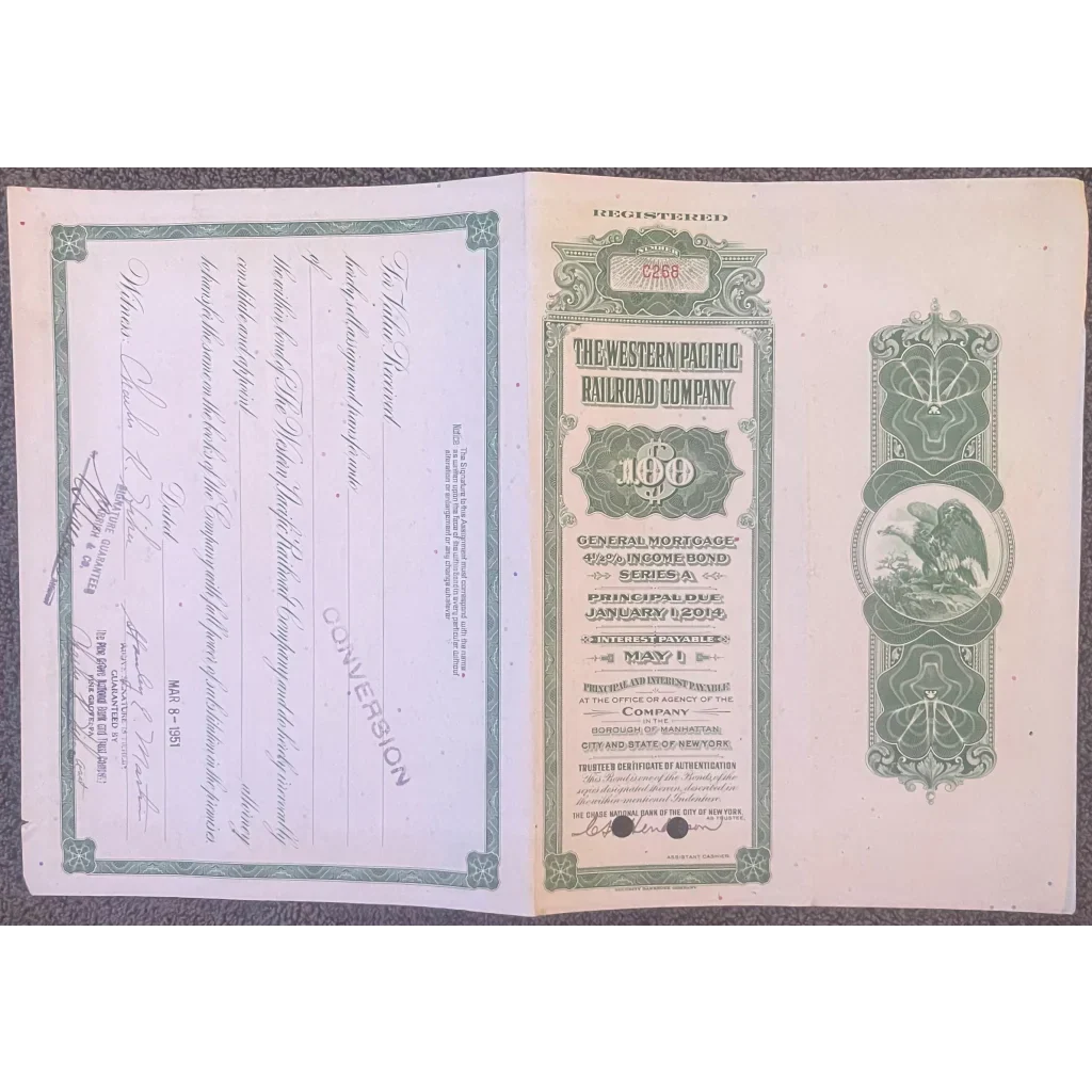 Rare 1945 Western Pacific Railroad Antique Vintage Bond Certificate