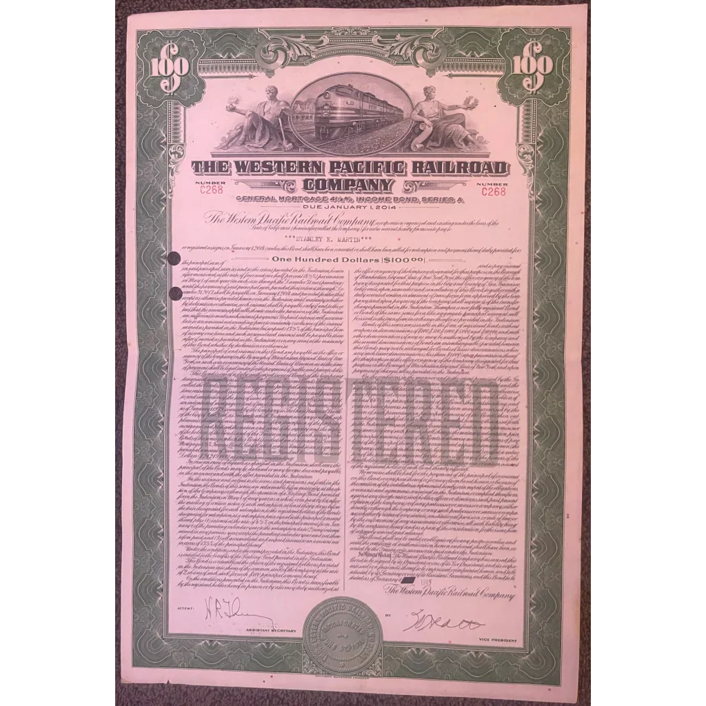 Rare 1945 Western Pacific Railroad Antique Vintage Bond Certificate