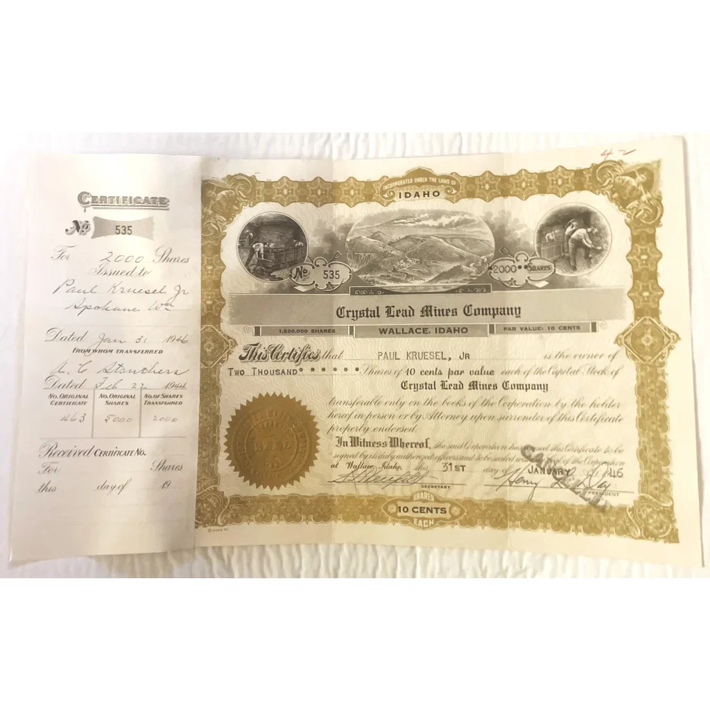 Rare Antique Crystal Lead Mines Stock Certificate from 1946 Idaho
