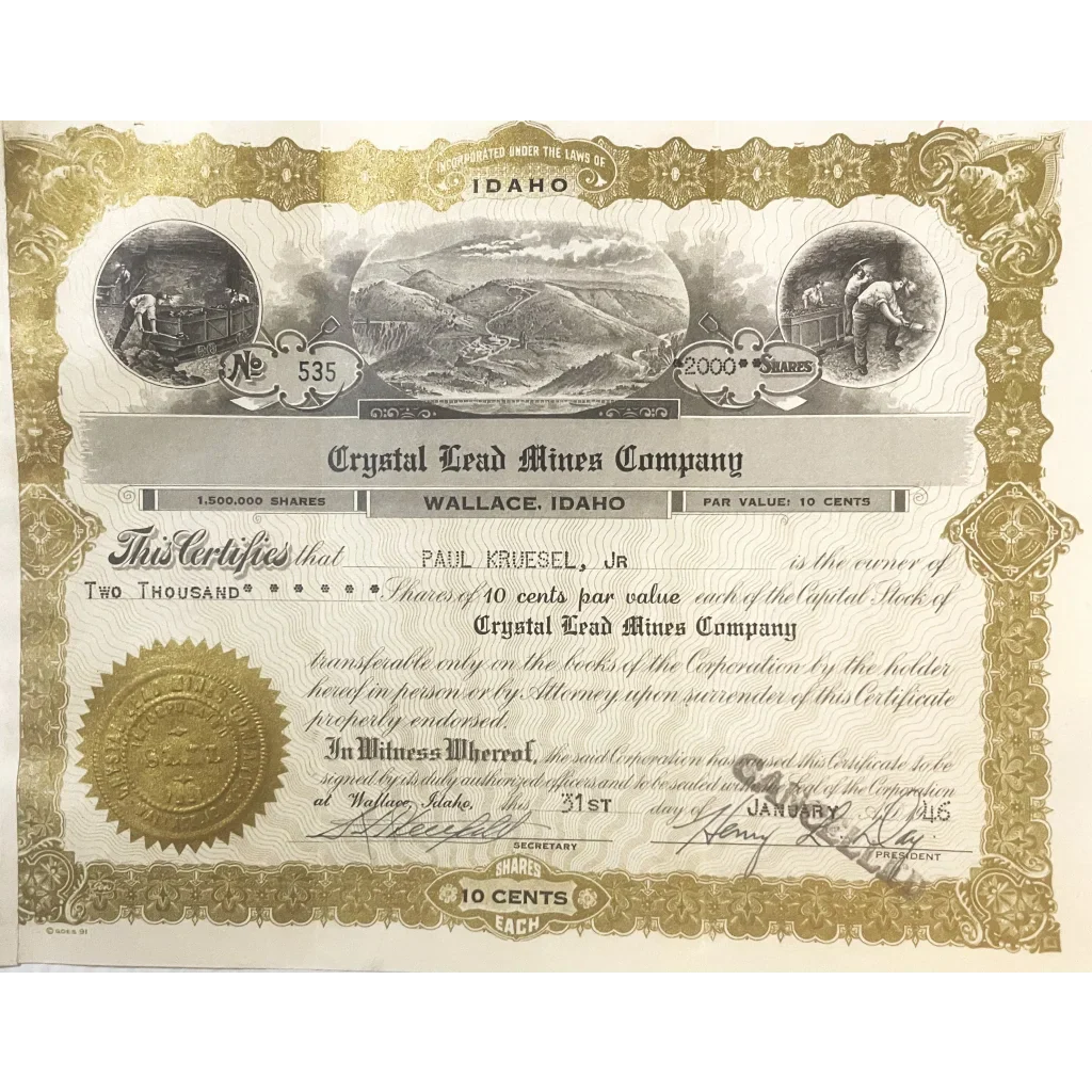 Rare Antique Crystal Lead Mines Stock Certificate from 1946 Idaho