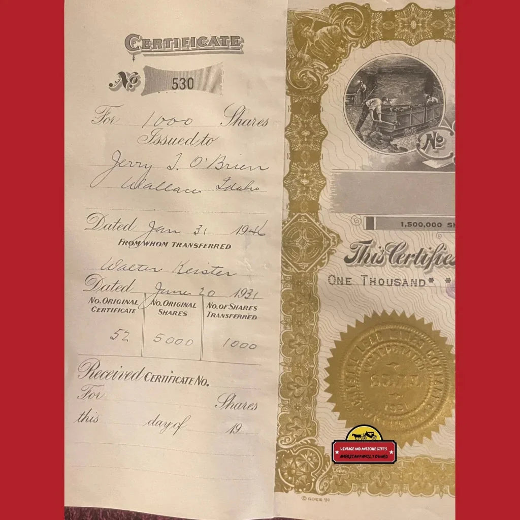 Rare Antique Crystal Lead Mines Stock Certificate from 1946 Idaho