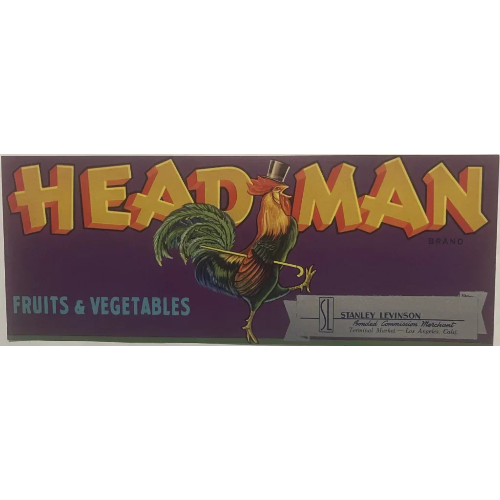 Antique Vintage 1950s Head Man Crate Label with Rooster