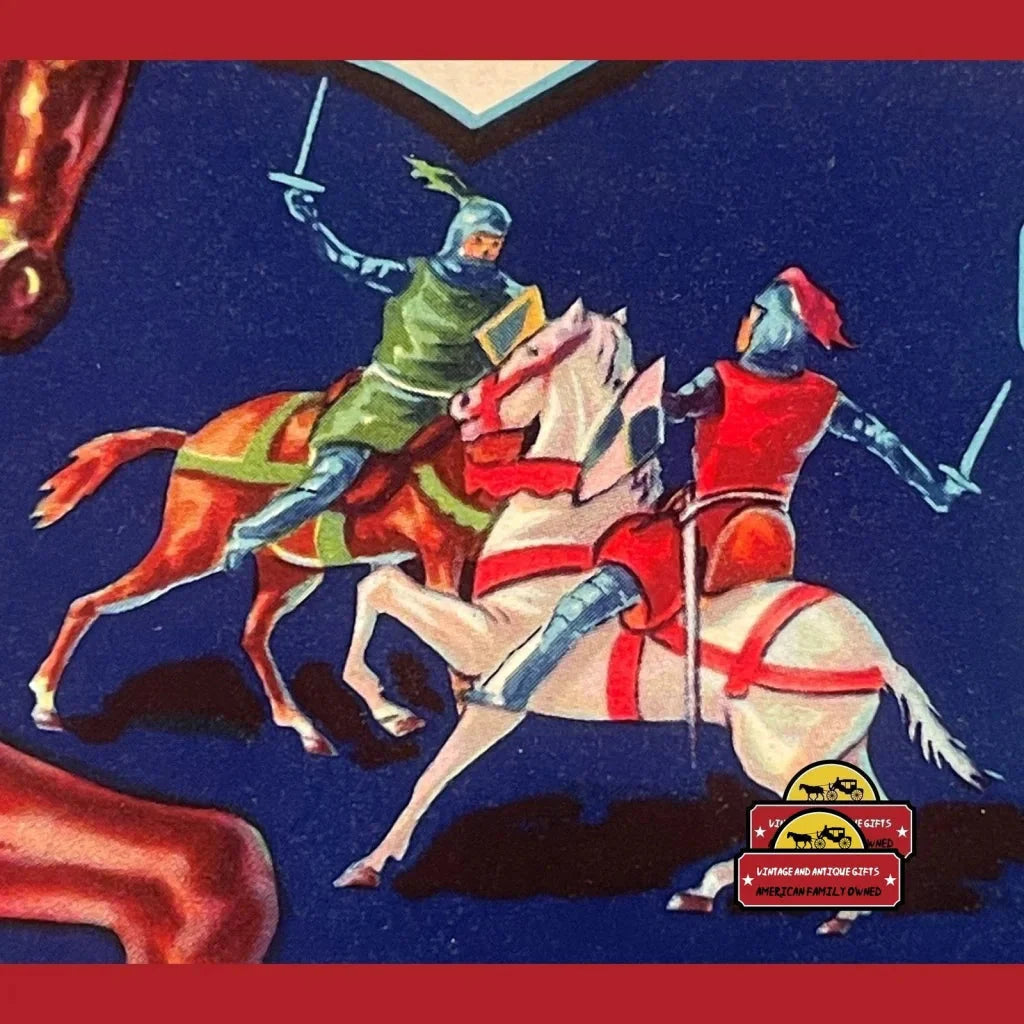 Rare 1950s Lady Rowena Antique Vintage Crate Label with Knight Duel
