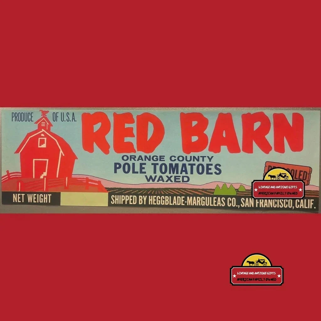 Rustic Red Barn Antique Vintage Crate Label from 1950s San Francisco