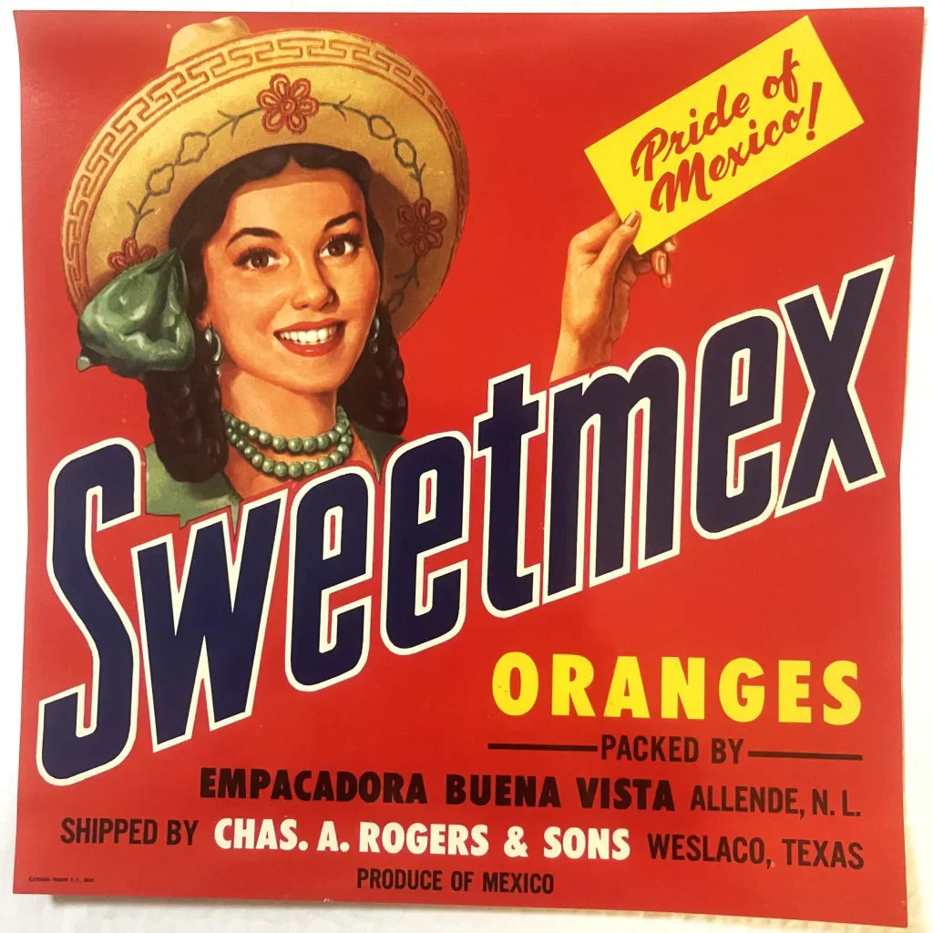 Rare Sweetmex Crate Label from 1950s Texas Fruit Packaging