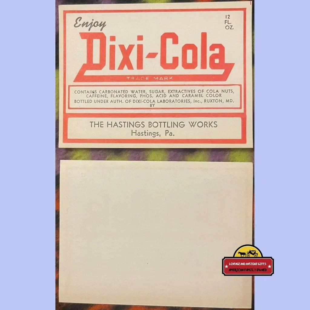 Rare 1930s Antique Vintage Dixi-Cola Label from Pennsylvania
