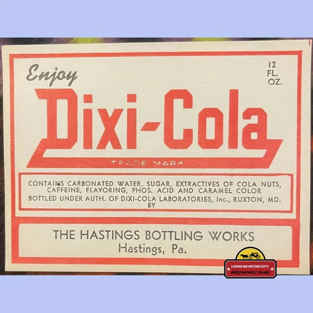 Rare 1930s Antique Vintage Dixi-Cola Label from Pennsylvania