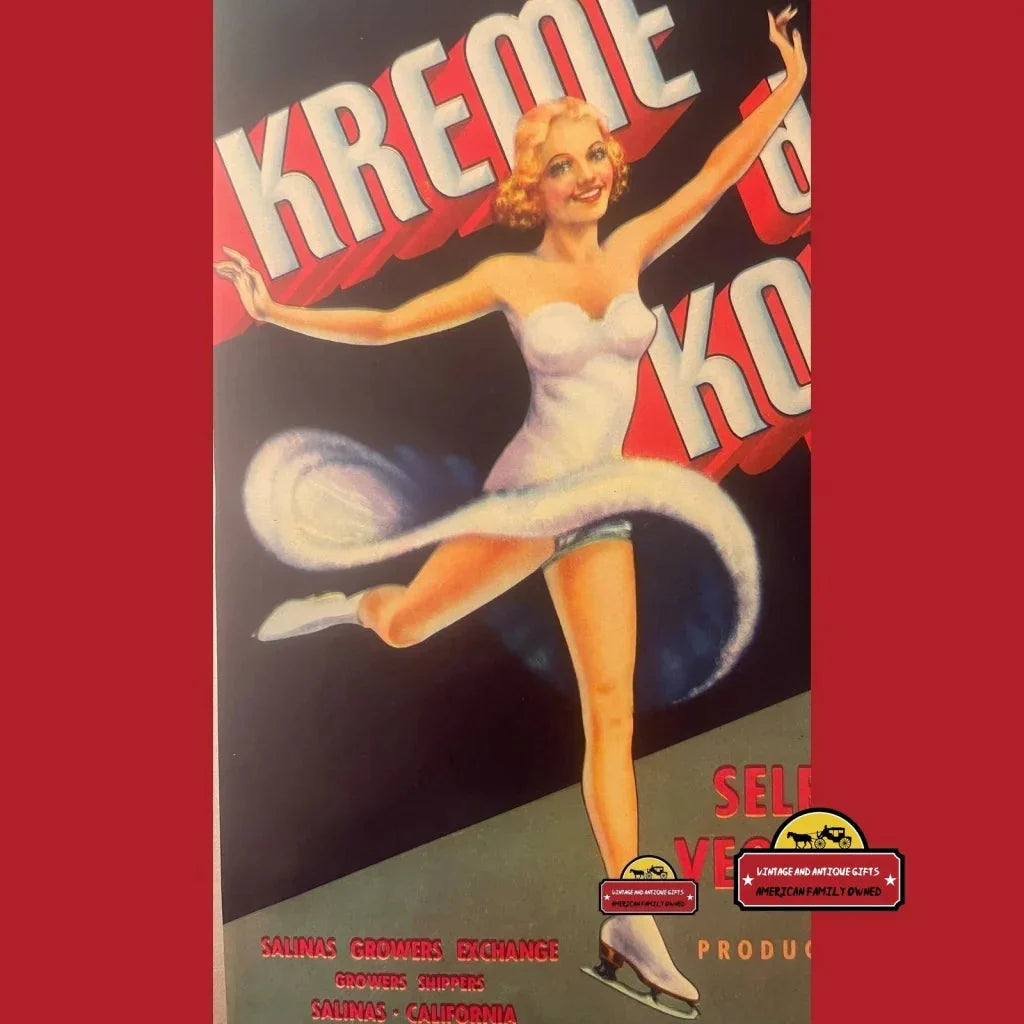 Rare 1930s Kreme De Koke Ice Skater Vegetable Label from Salinas