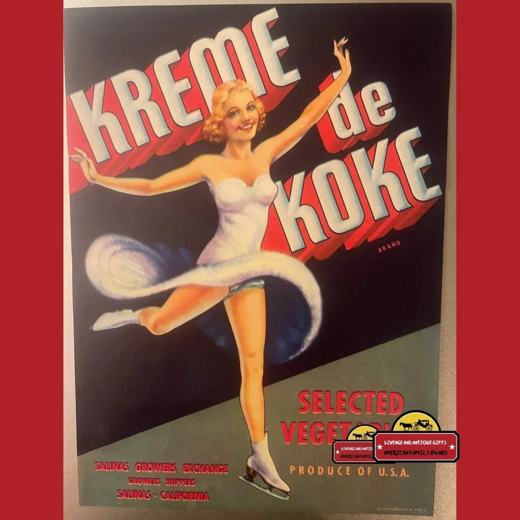 Rare 1930s Kreme De Koke Ice Skater Vegetable Label from Salinas