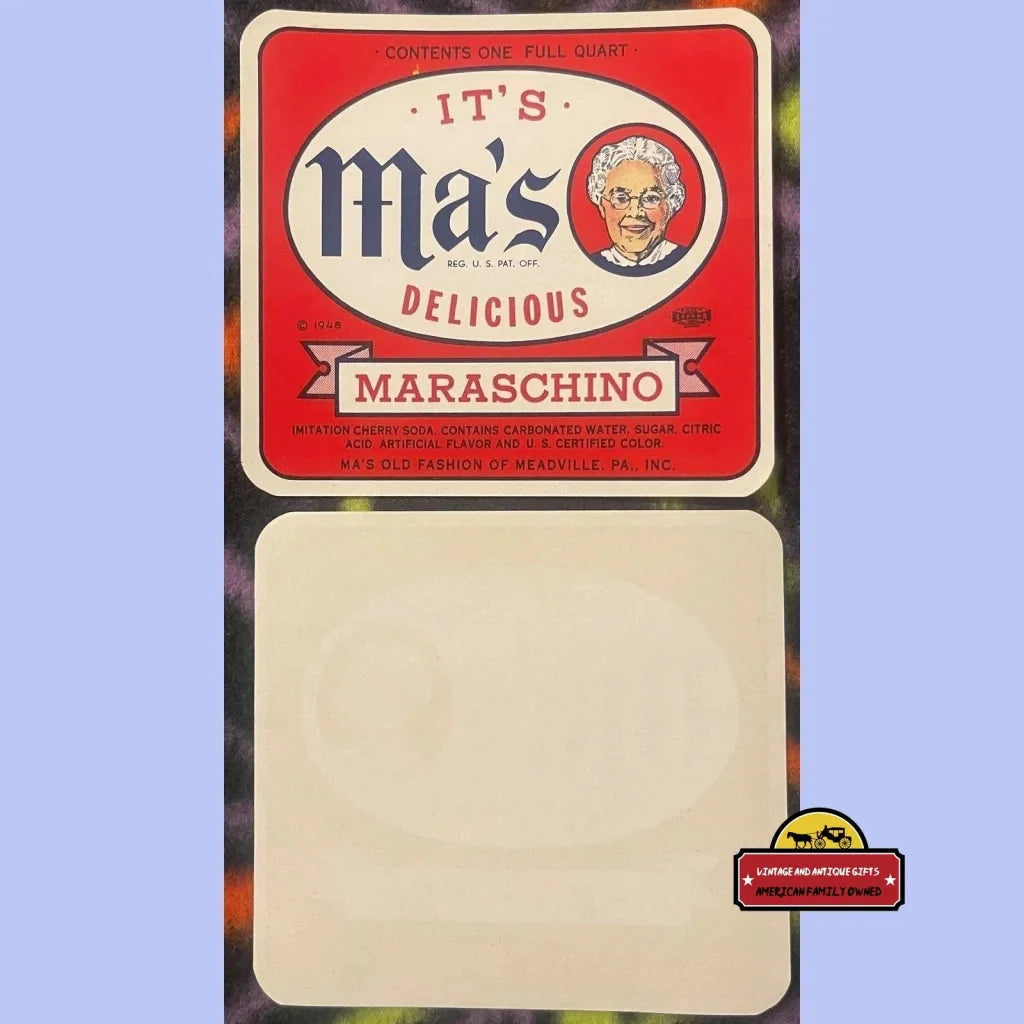 Rare Antique Vintage Ma's Maraschino Label From 1940s Pennsylvania