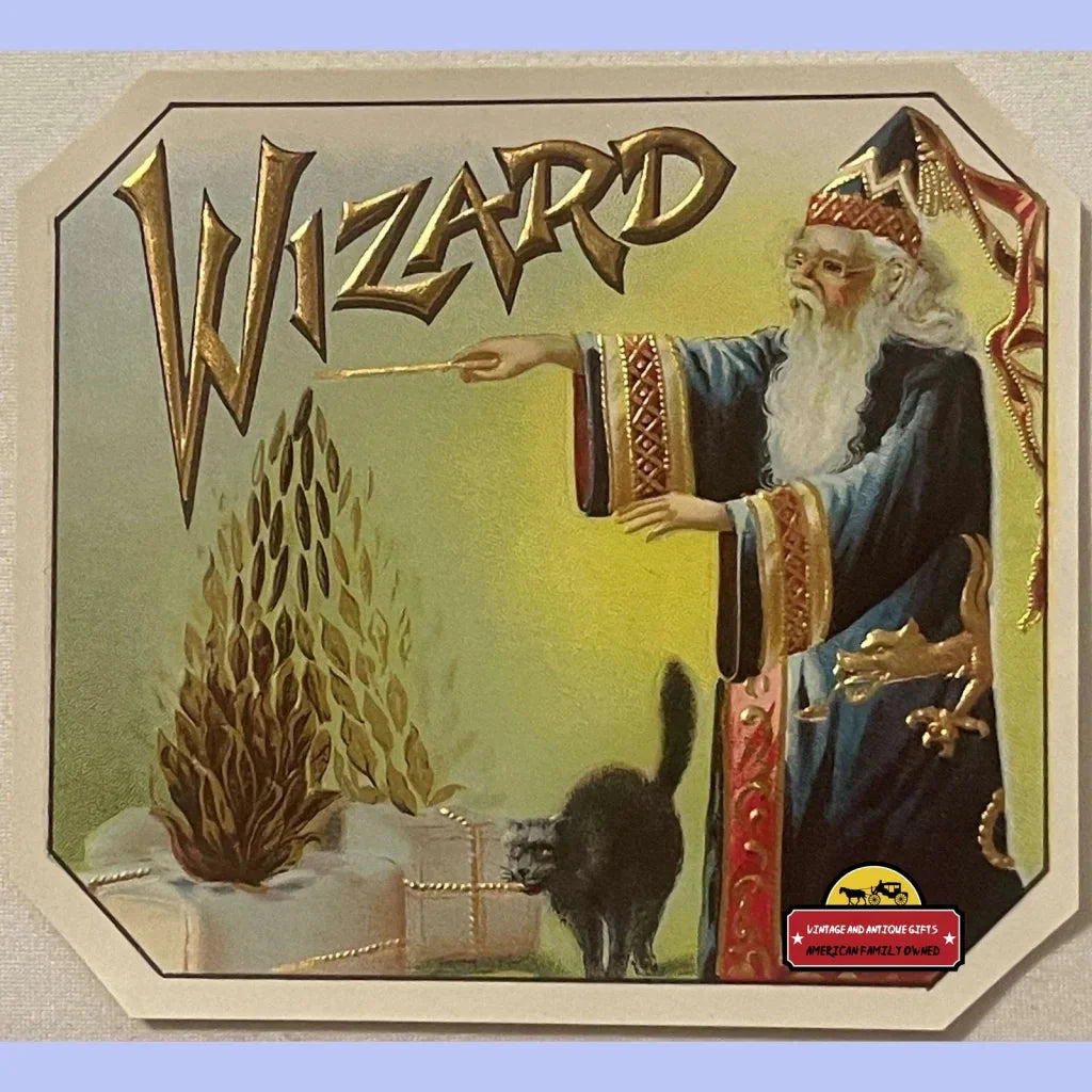 Spellbinding Antique Vintage Wizard Cigar Label with Black Cat
