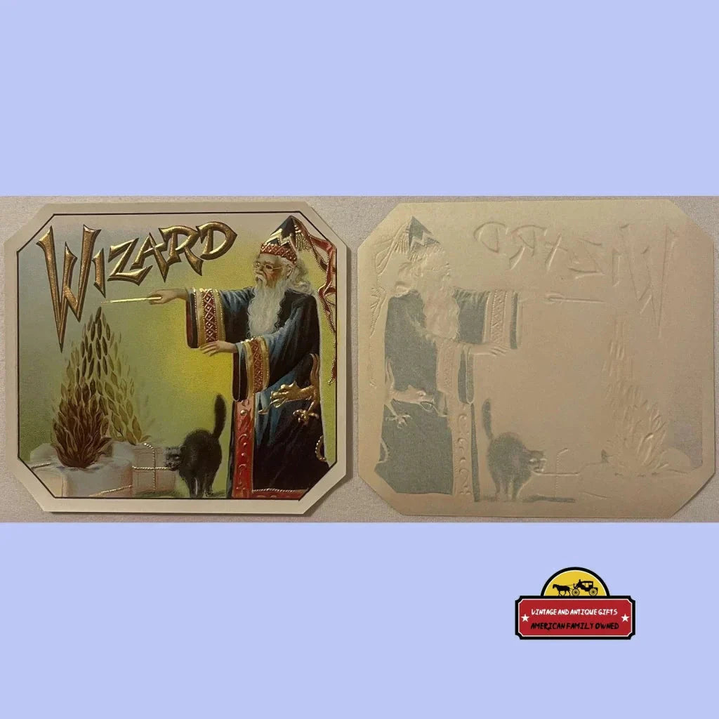 Spellbinding Antique Vintage Wizard Cigar Label with Black Cat