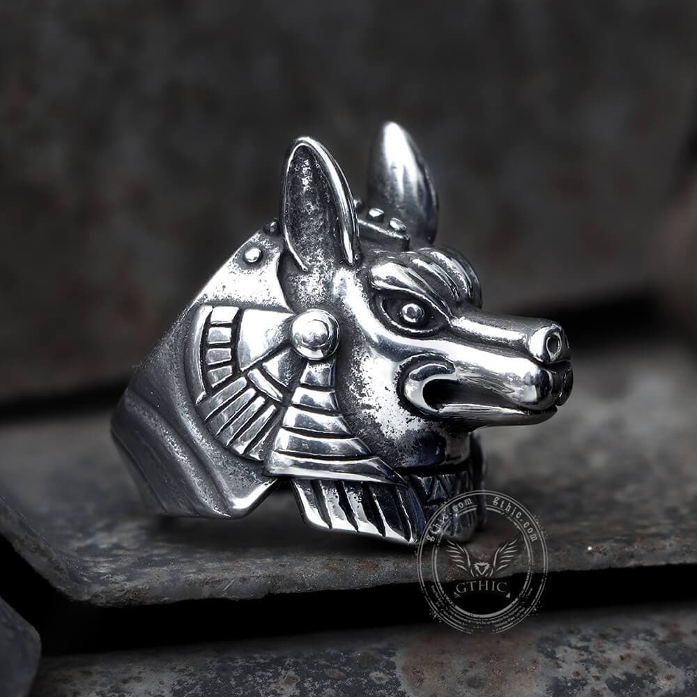 Anillo de acero inoxidable con el dios egipcio de la muerte, Anubis