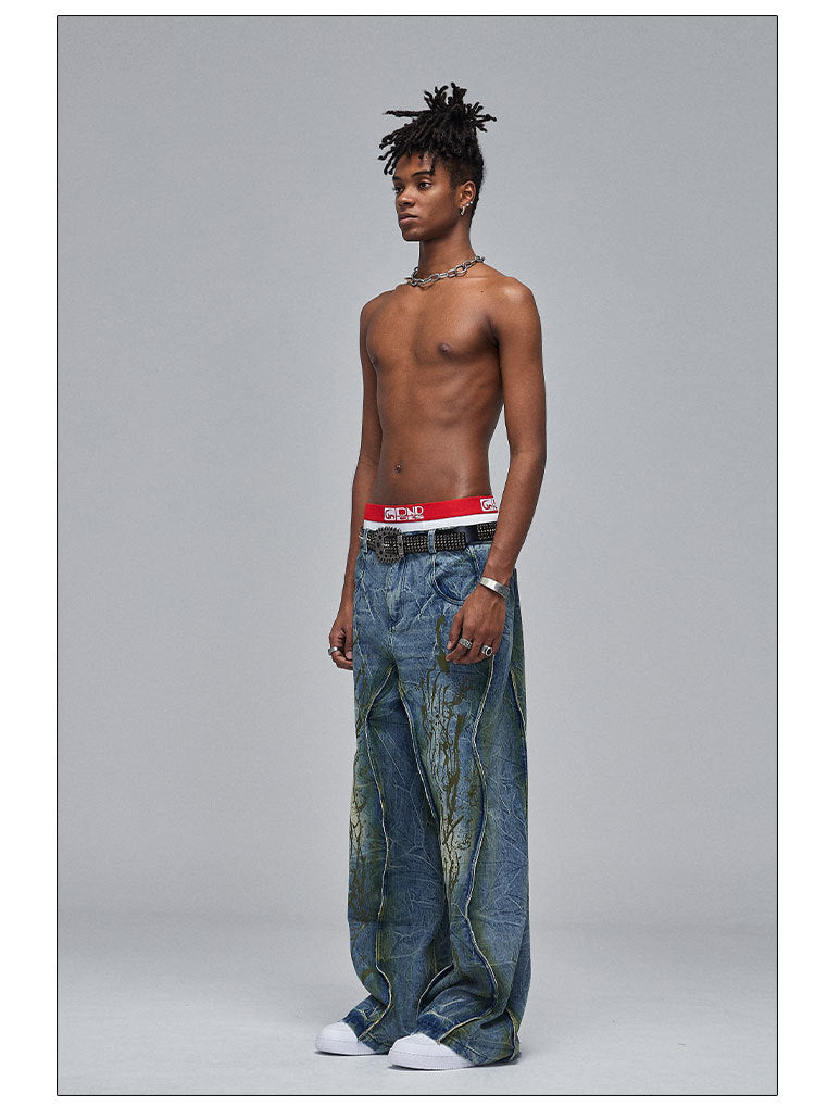 American Street Dirtyfit Heavy Industry Washed Distressed Wide Leg Jeans Design Sense - Lootquake