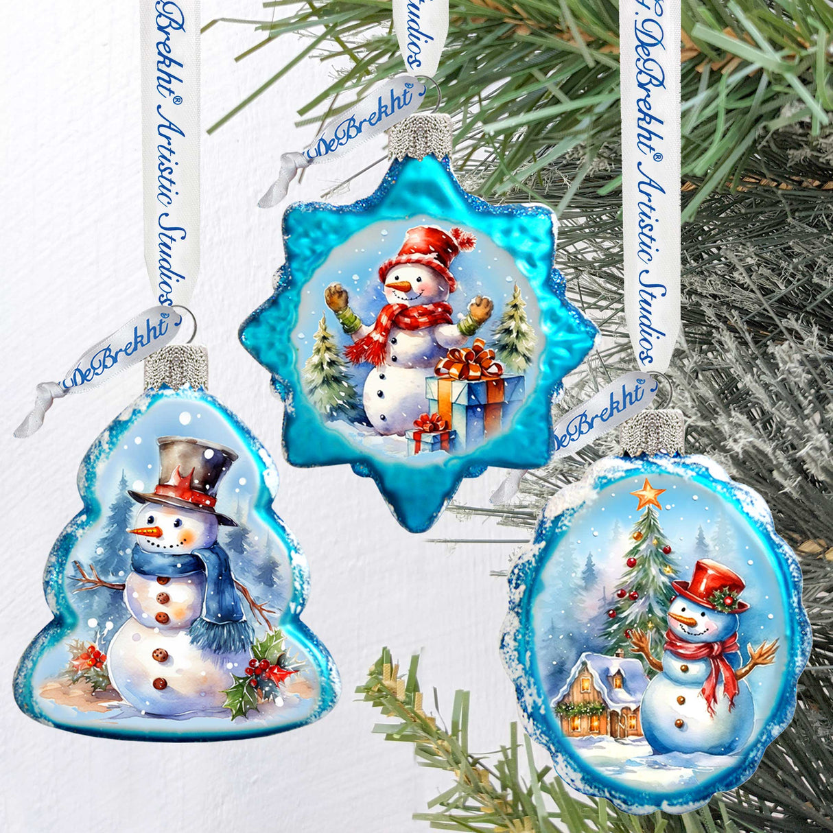 Juego de 3 adornos de vidrio de mercurio con forma de muñeco de nieve de G. Debrekht - Decoración navideña de Papá Noel - 770148S3