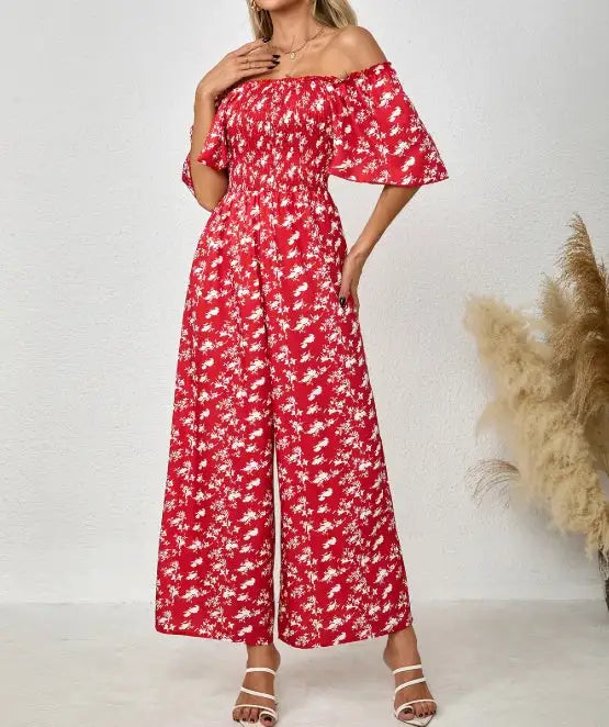 Ladies' Printed Square Neck Fashionable Loose Vacation Style Jumpsuit - Lootquake