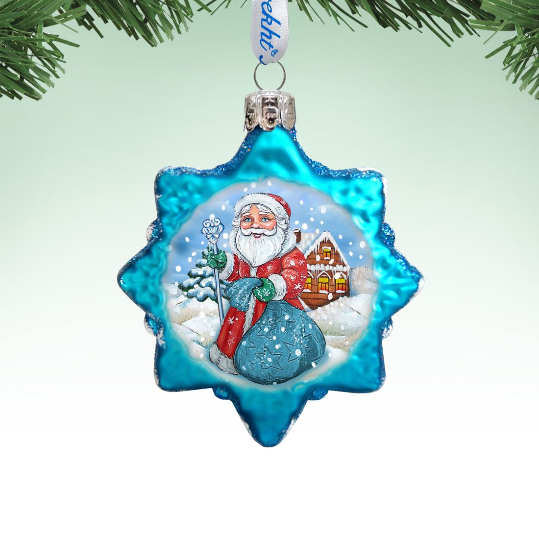 Adorno de Papá Noel con bolsa azul de vidrio de mercurio de G. DeBrekht - Decoración navideña de Papá Noel y muñeco de nieve - 777385