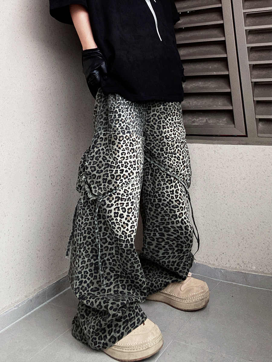 Loose Straight Slightly Flared Workwear Casual Wide-leg Mopping Leopard Jeans - Lootquake