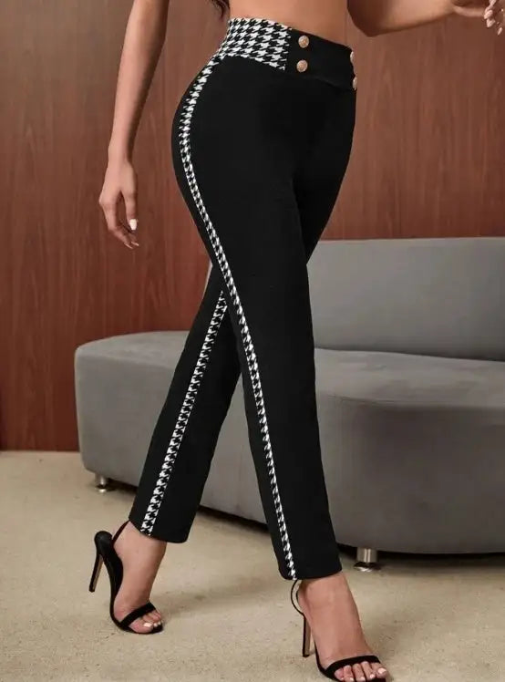 Ladies' Solid Color Herringbone Button Fashionable Slimming Casual Pants - Lootquake