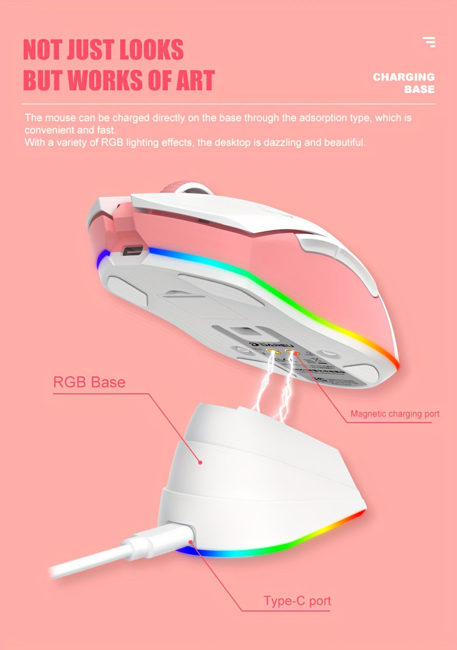 DAREU Sakura Pink Wireless Gaming Mouse - 12K DPI, RGB Rechargeable, 7 Programmable Buttons, Charging Dock Stand, Dual Mode for PC/Laptop/Mac - The Perfect Gift for Birthdays, Valentines, Halloween, Easter, and Girlfriends