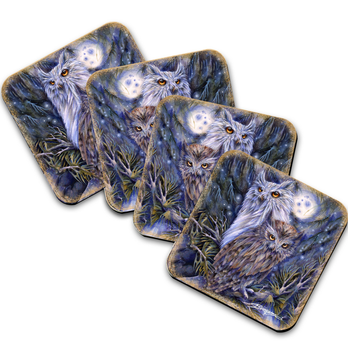 Night Watch Owls Wooden Cork Coasters Gift Set of 4 by J. Bergsma - Wildlife Decor - 8199465C-S4
