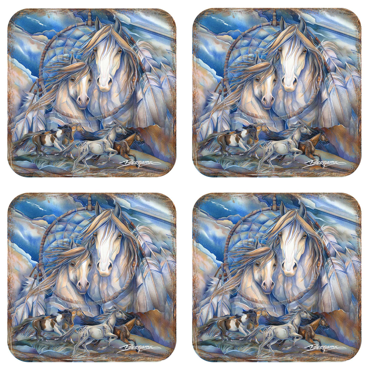 Mustangs Dream Catcher Wooden Cork Coasters Gift Set of 4 by J. Bergsma - Wildlife Decor - 8199469C-S4