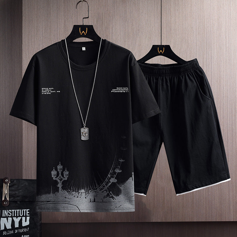 New Cotton Men's Casual Sports Loose Shorts Round Neck T-shirt Suit - Lootquake