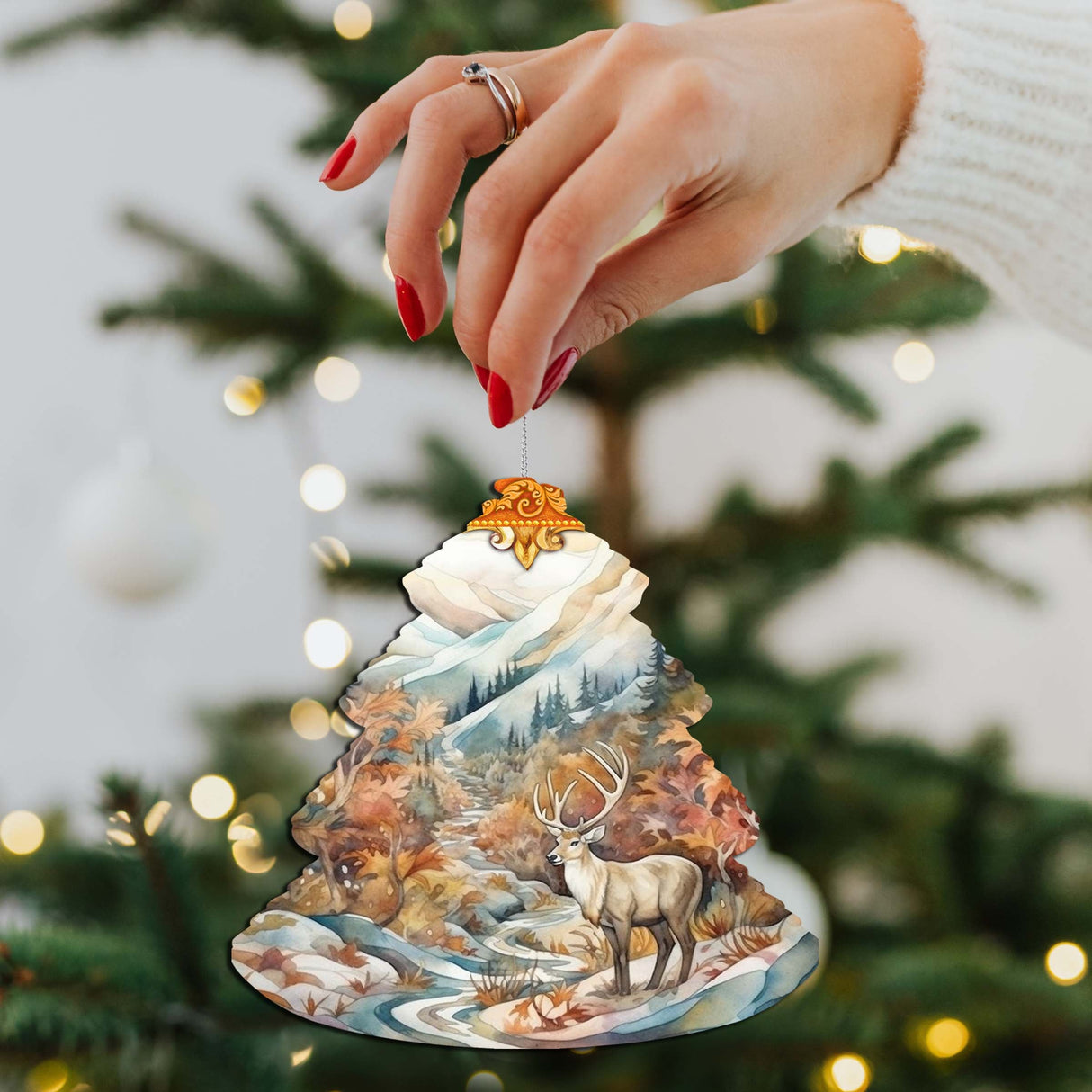 Snowy Summit Elk Tree Wooden Ornaments by G.Debrekht - Wildlife Holiday Decor - 870005