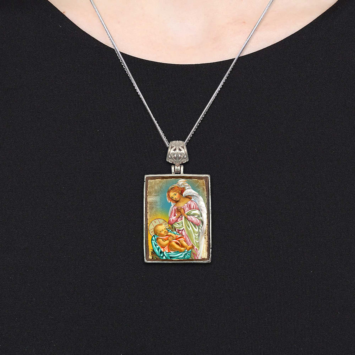 Blessing Angels Religious Jewelry Silver Plated Necklace, Gold-Plated Wooden Cabochon - Christian Sacred Icon - Inspirational Icon Decor - 43028R