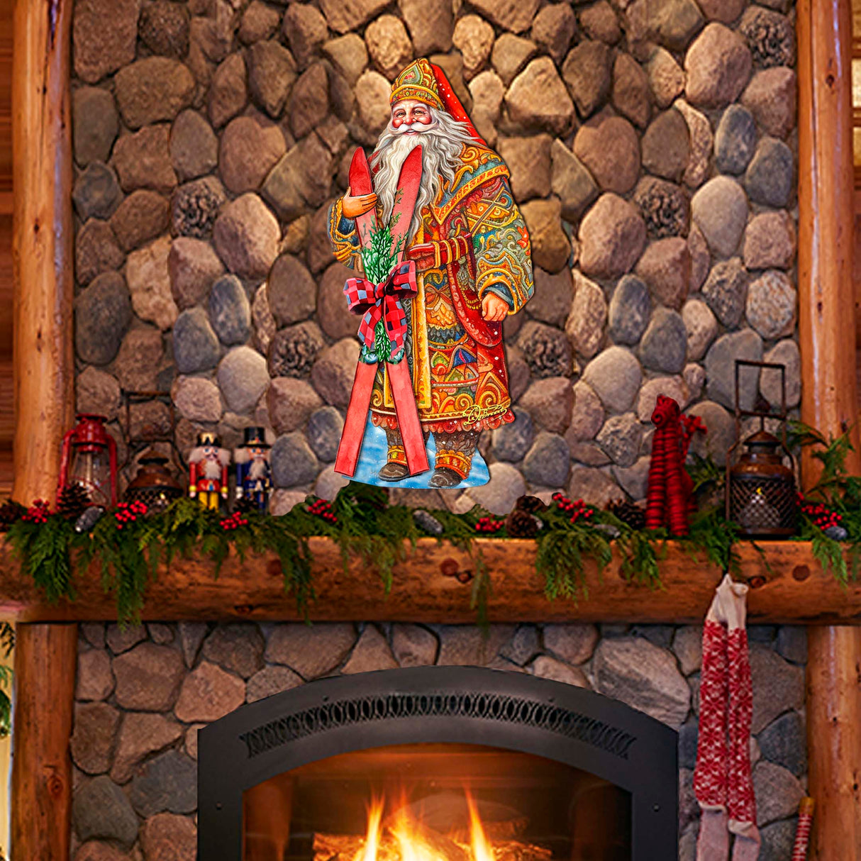 Decoración navideña para puerta "Aventura de esquí de Papá Noel" de G. Debrekht - Decoración navideña de Papá Noel y muñeco de nieve - 8691403H