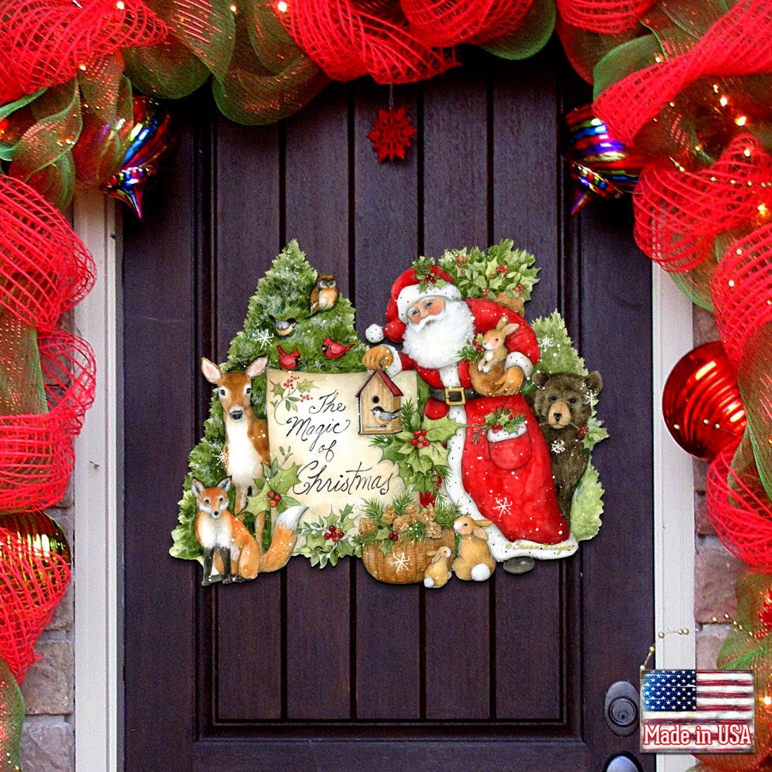 Decoración navideña para puerta con Papá Noel jugando en el bosque, de Susan Winget - Decoración navideña de Papá Noel y muñeco de nieve - 8471103H-SW