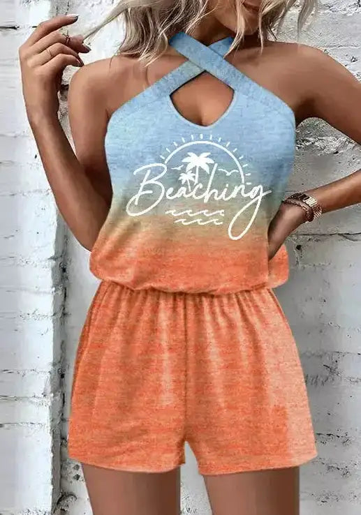 Ladies' Printed Neck Hanging Fashion Jumpsuit - Lootquake