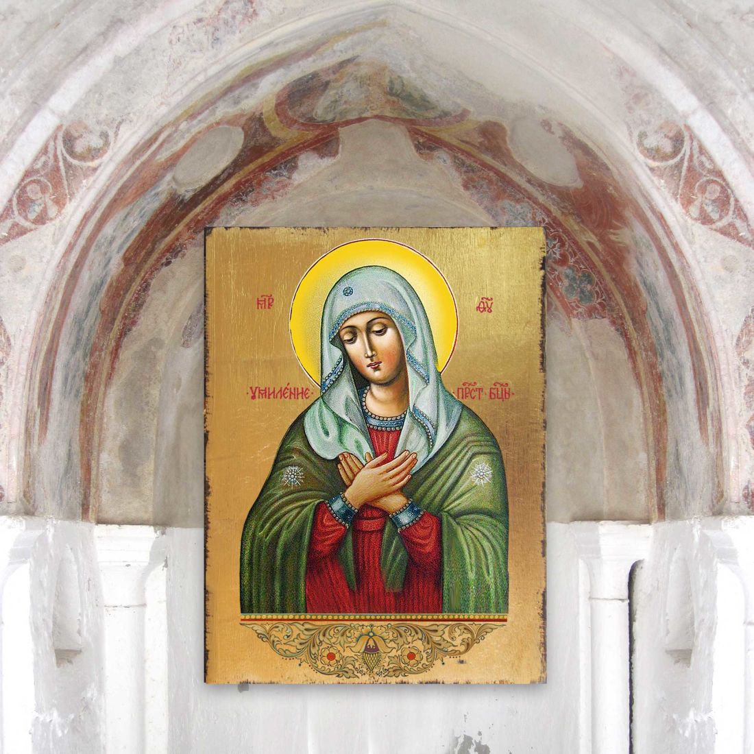 Icono sagrado ortodoxo religioso de madera bañado en oro de la Madre de Dios de la Ternura - Decoración inspiradora - 85012