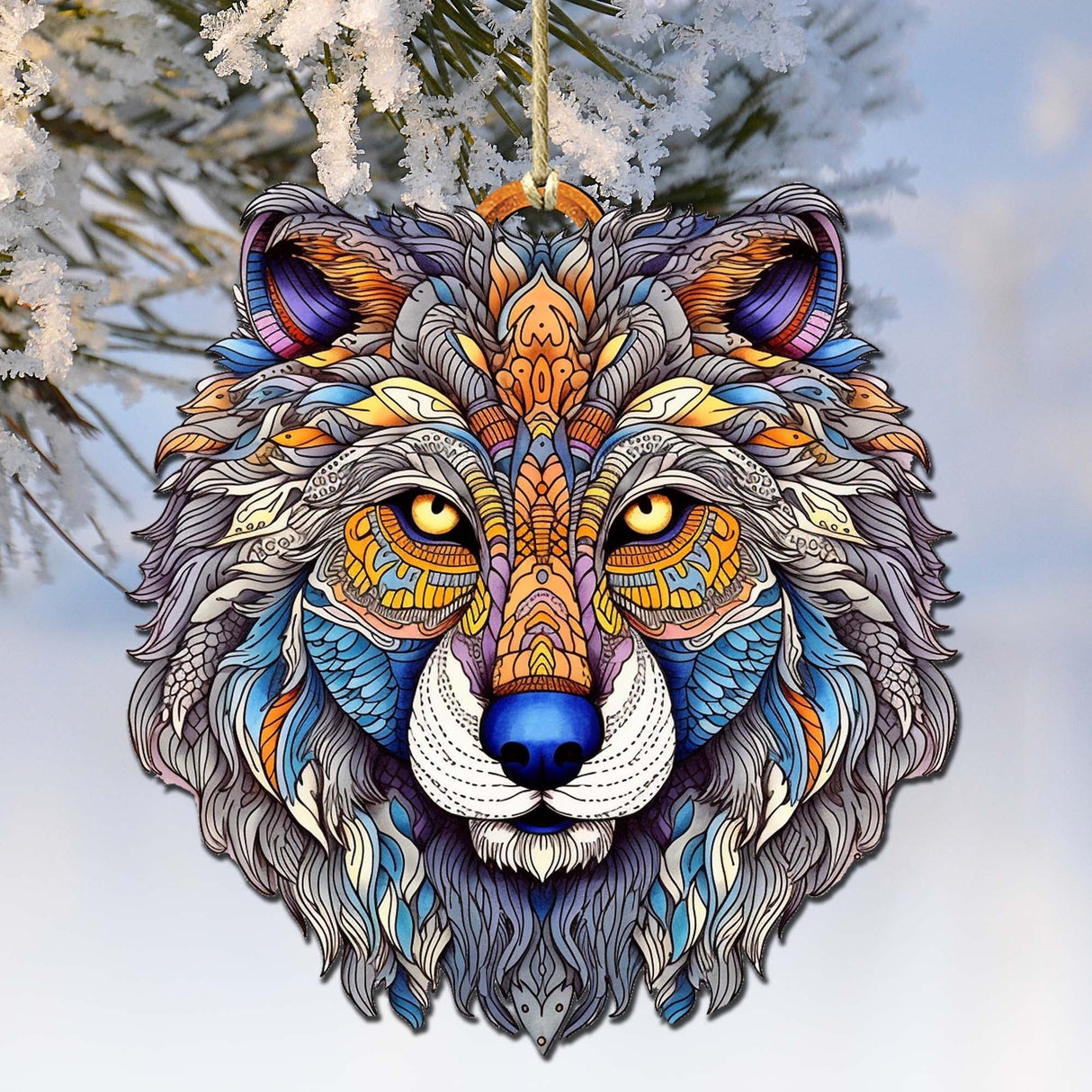 Ornamental Wolf Face Wooden Ornaments by G.Debrekht - Wildlife Holiday Decor - 8710125-2