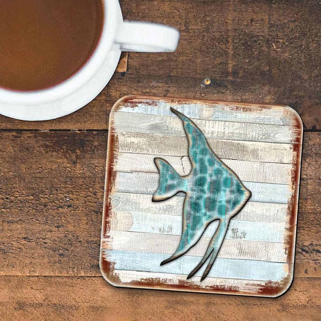 Fish Coastal Wooden Cork Coasters Gift Set of 4 by Nature Wonders - Coastal Sea-Life Decor - 8198537-9C-S4