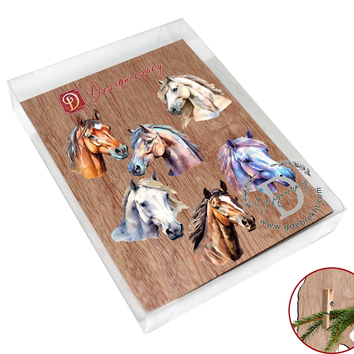 Juego de 6 adornos decorativos de madera con forma de caballo, de G. Debrekht - Decoración navideña - 8090039C-S6