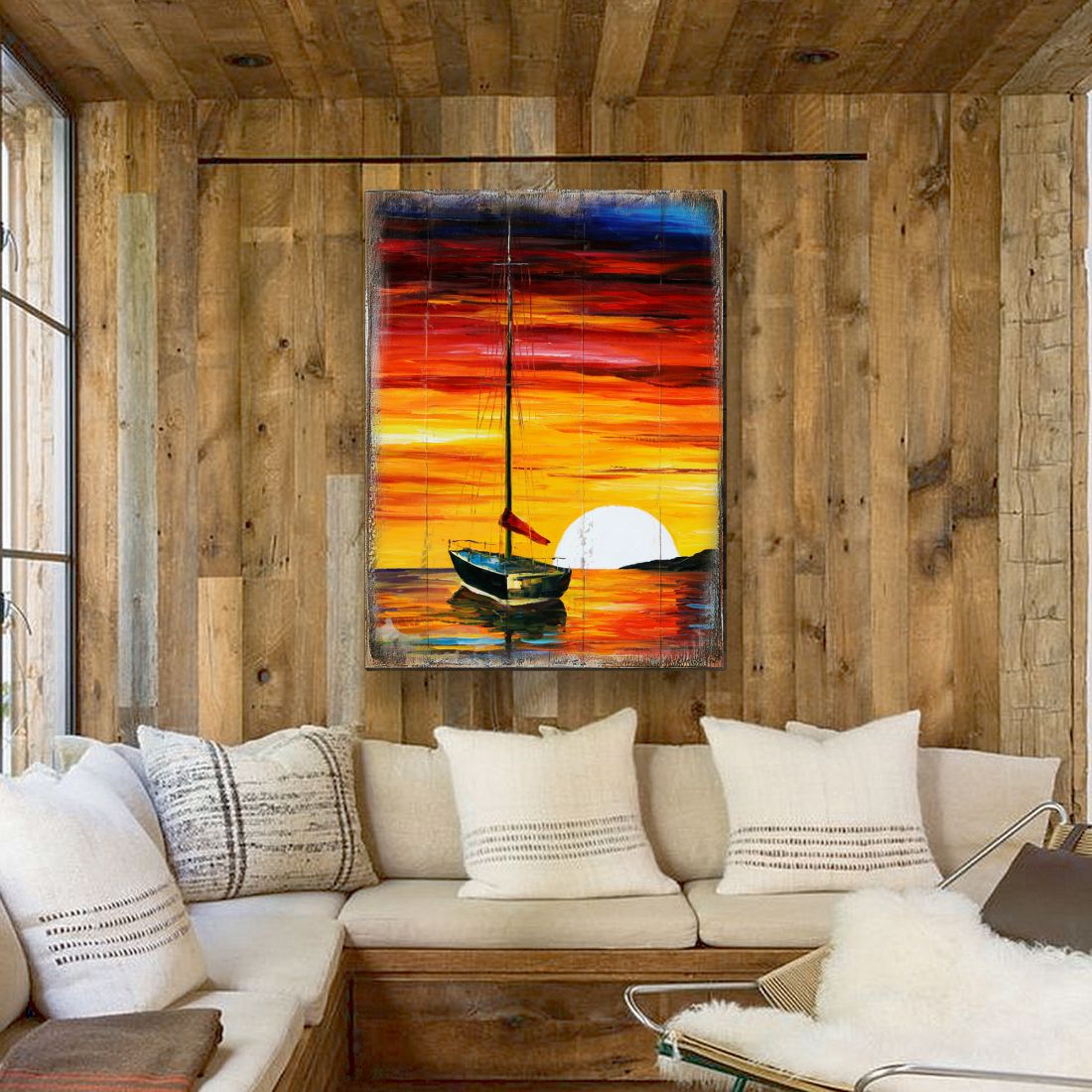 Arte mural costero de madera con atardecer en velero Alberty de Nature Wonders - Decoración costera de vida marina - 95323B